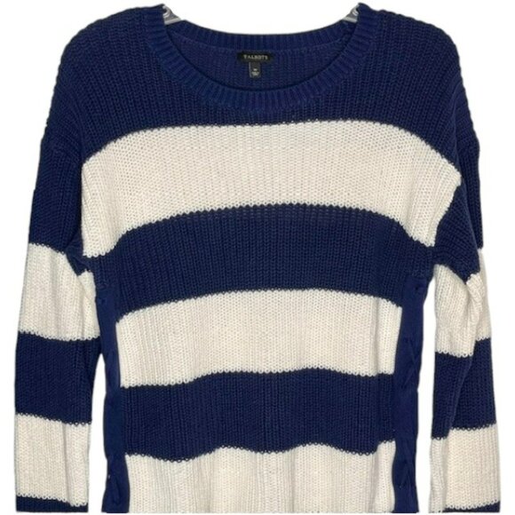 Talbots 100% Cotton Striped Sweater, Side Tie Detail - Navy/Ivory - M - Picture 2 of 8